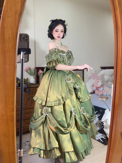 Retro Ball Gown Off The Shoulder Short Sleeves Green Rose Floral 16th Chiffon Birthday Dress Lolita Dress 18th Birthday Outfits W1243