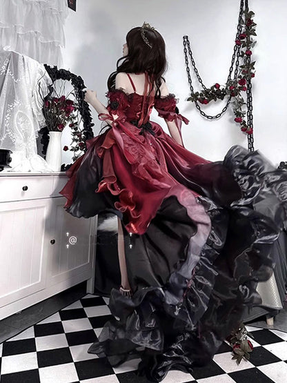 Princess Ball Gown Off The Shoulder Short Sleeves Ombre Burgundy Floral 16th Chiffon Birthday Dress Lolita Dress 18th Birthday Outfits W1198