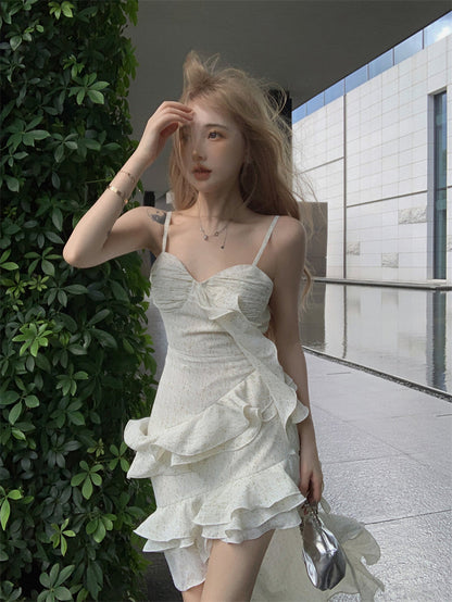 Sweet hot girl style irregular ruffled floral suspender long skirt ED0417