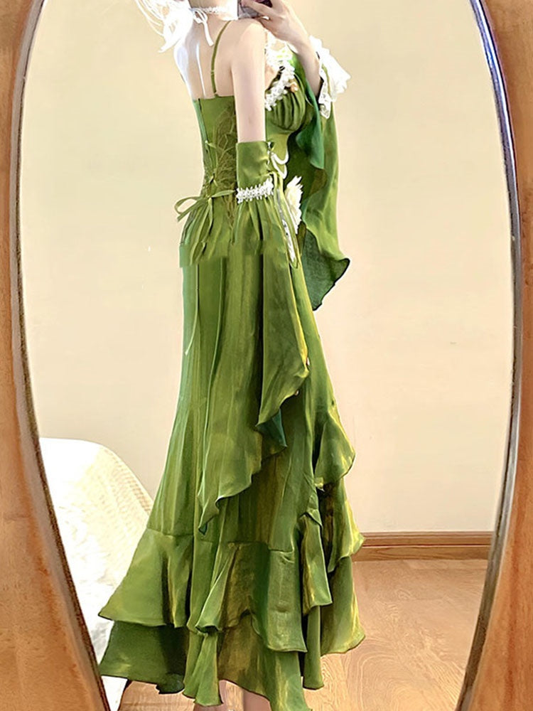 Vintage High Low Spaghetti Straps Green 16th Birthday Dress With Sleeves Lolita Dress Satin Birthday Outfits DP0223