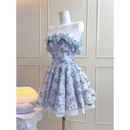 Simple A line Strapless Blue Lace Party Dresses Short Formal Homecoming Dresses Night Chic Elegant Short Dresses Cocktail Dress 18th Birthday Outfits Hoco Dresses DH2752