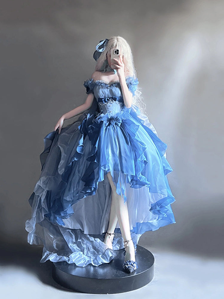 Beautiful High Low Off The Shoulder Short Sleeves Blue Rose Floral 16th Chiffon Birthday Dress Lolita Dress 18th Birthday Outfits W1239