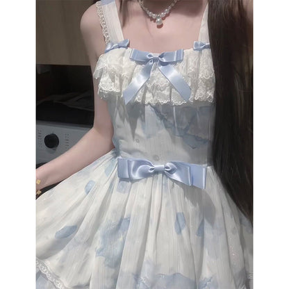 Vintage Ball Gown Square Neck White Blue Short Summer 18th Birthday Dress Lolita Dress Birthday Outfits W1237