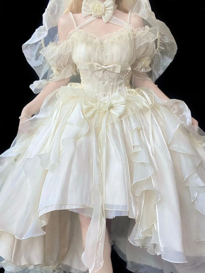 Beautiful High Low Off The Shoulder Short Sleeves Beige Rose Floral 16th Chiffon Birthday Dress Lolita Dress 18th Birthday Outfits W1242