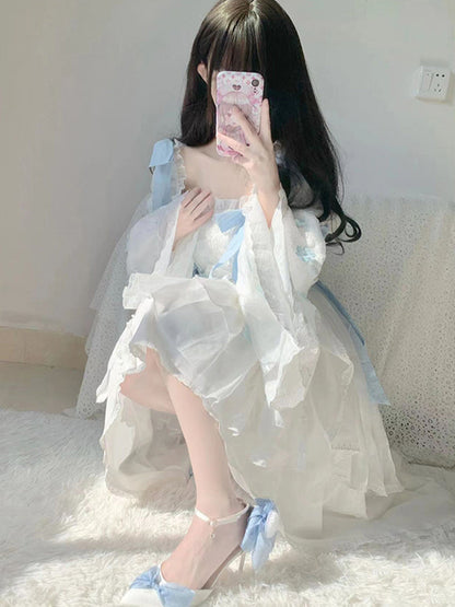 Vintage Ball Gown Square Long Sleeves White Chiffon Summer 18th Birthday Dress Lolita Dress Birthday Outfits W1228