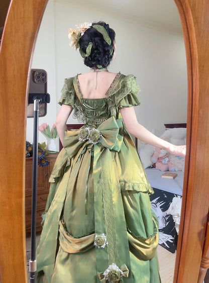 Retro Ball Gown Off The Shoulder Short Sleeves Green Rose Floral 16th Chiffon Birthday Dress Lolita Dress 18th Birthday Outfits W1243