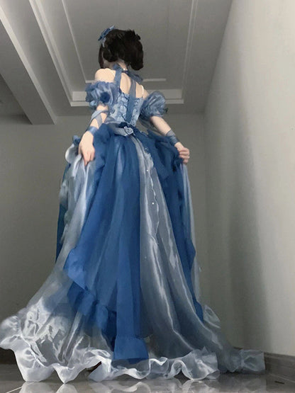 Beautiful High Low Off The Shoulder Short Sleeves Blue Rose Floral 16th Chiffon Birthday Dress Lolita Dress 18th Birthday Outfits W1240