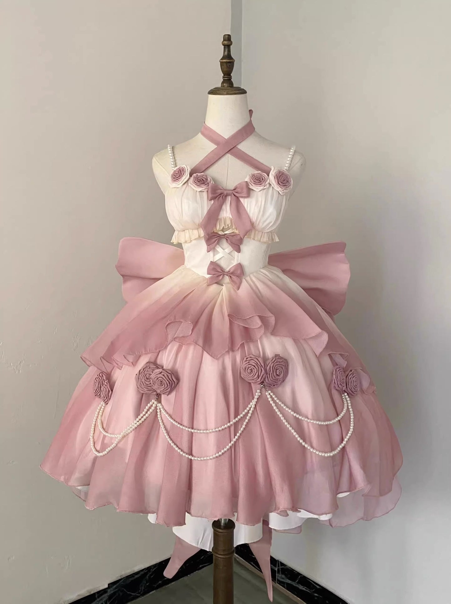 Vintage Ball Gown Spaghetti Straps Short Chiffon Summer 18th Birthday Dress High Low Ombre Pink Pearls Lolita Dress Birthday Outfits W1232