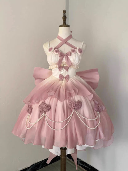 Vintage Ball Gown Spaghetti Straps Short Chiffon Summer 18th Birthday Dress High Low Ombre Pink Pearls Lolita Dress Birthday Outfits W1232