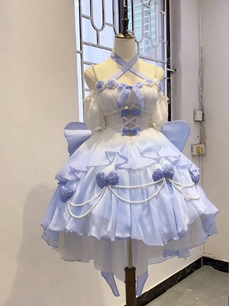 Vintage Ball Gown Spaghetti Straps Short Chiffon Summer 18th Birthday Dress High Low Ombre Blue Pearls Lolita Dress Birthday Outfits W1231