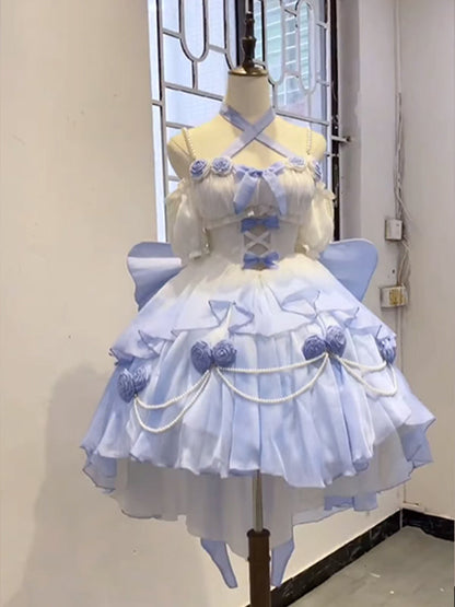 Vintage Ball Gown Spaghetti Straps Short Chiffon Summer 18th Birthday Dress High Low Ombre Blue Pearls Lolita Dress Birthday Outfits W1231