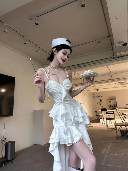 Simple High Low Spaghetti Straps White Chiffon Summer Dress Holiday Party Dress Birthday Outfits For Teens W1233