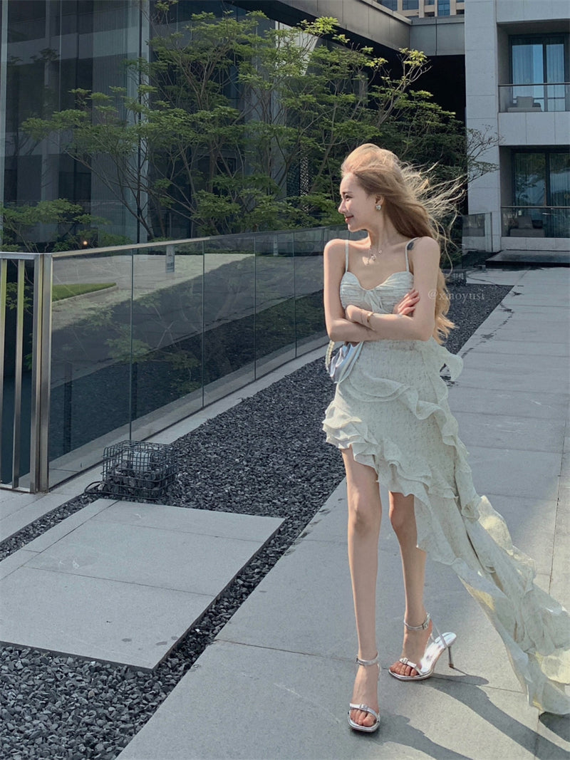 Sweet hot girl style irregular ruffled floral suspender long skirt ED0417