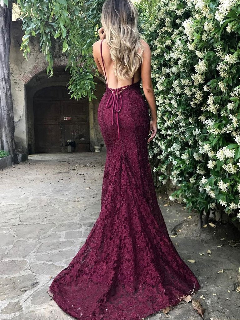 Mermaid Dark Green Prom Dress, Lace Long Prom Dresses, Spaghetti Straps Backless Prom Dress 0643