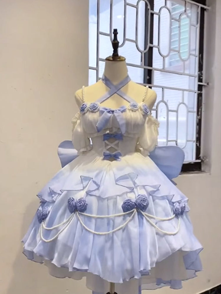 Vintage Ball Gown Off The Shoulder Ombre Blue Chiffon 22th Birthday Dresses Lolita Dress Cute Lolita Outfits DH2448