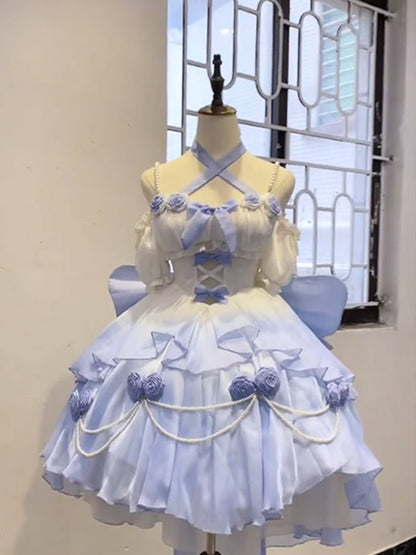 Vintage Ball Gown Off The Shoulder Ombre Blue Chiffon 22th Birthday Dresses Lolita Dress Cute Lolita Outfits DH2448