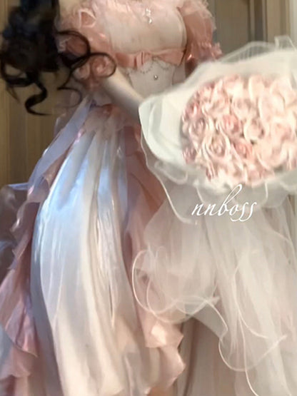 Princess Ball Gown Off The Shoulder Short Sleeves Ombre Pink Floral 16th Chiffon Birthday Dress Lolita Dress 18th Birthday Outfits W1197