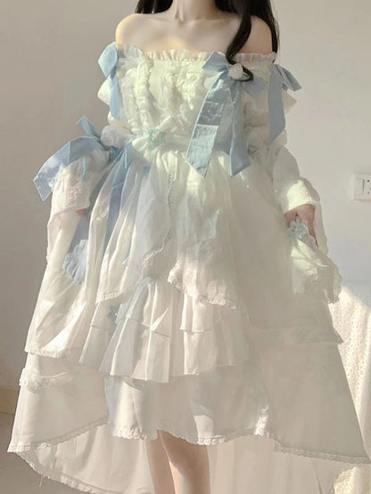 Vintage Ball Gown Square Long Sleeves White Chiffon Summer 18th Birthday Dress Lolita Dress Birthday Outfits W1228