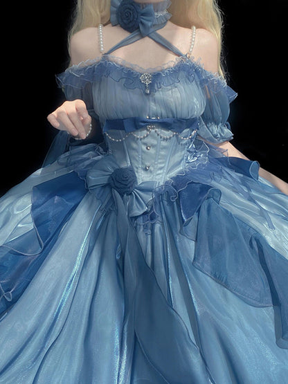 Beautiful High Low Off The Shoulder Short Sleeves Blue Rose Floral 16th Chiffon Birthday Dress Lolita Dress 18th Birthday Outfits W1223