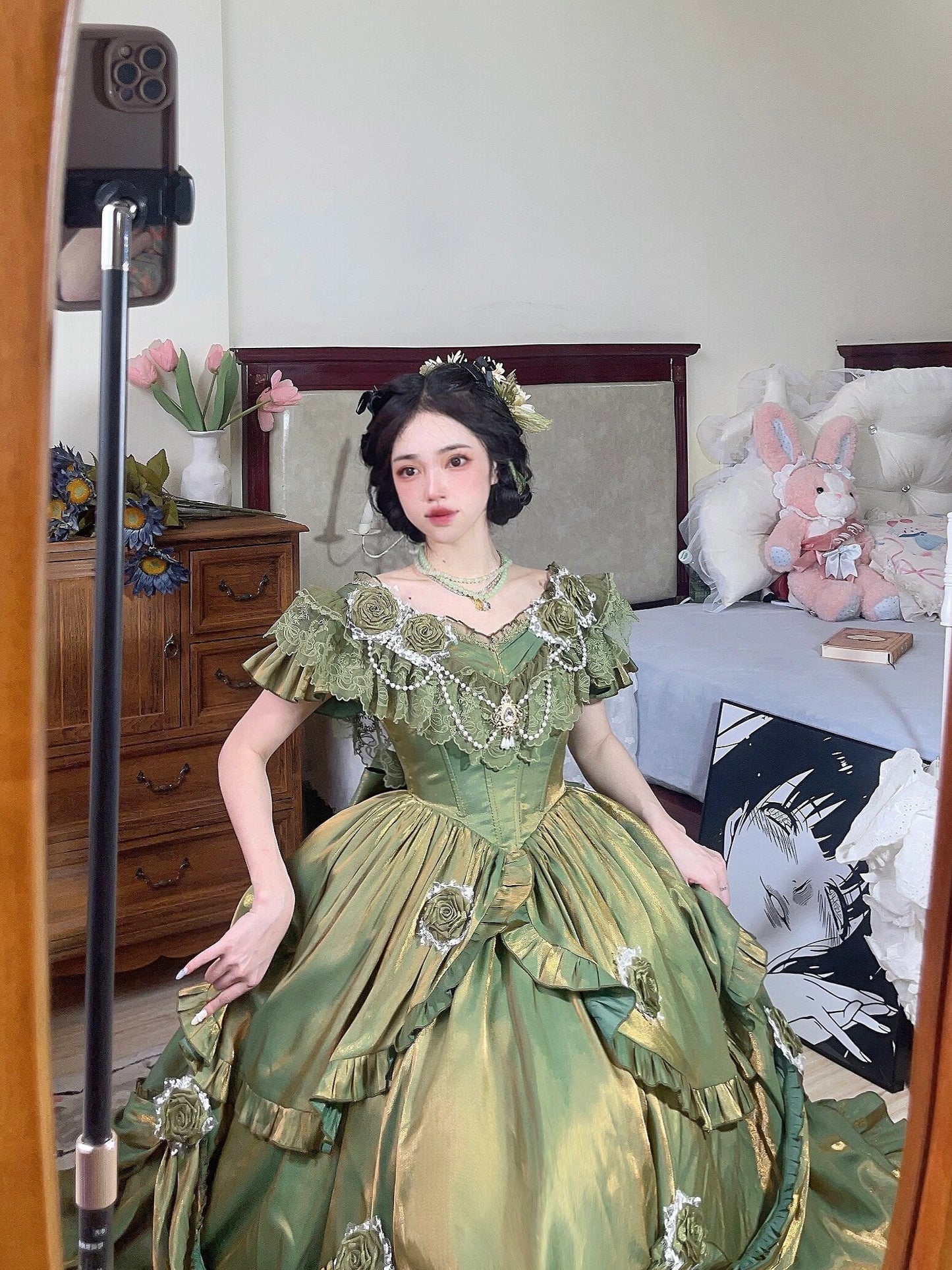 Retro Ball Gown Off The Shoulder Short Sleeves Green Rose Floral 16th Chiffon Birthday Dress Lolita Dress 18th Birthday Outfits W1243