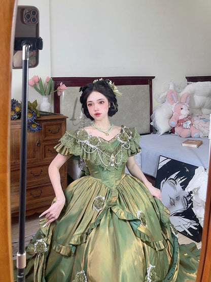 Retro Ball Gown Off The Shoulder Short Sleeves Green Rose Floral 16th Chiffon Birthday Dress Lolita Dress 18th Birthday Outfits W1243