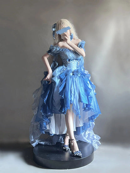 Beautiful High Low Off The Shoulder Short Sleeves Blue Rose Floral 16th Chiffon Birthday Dress Lolita Dress 18th Birthday Outfits W1239