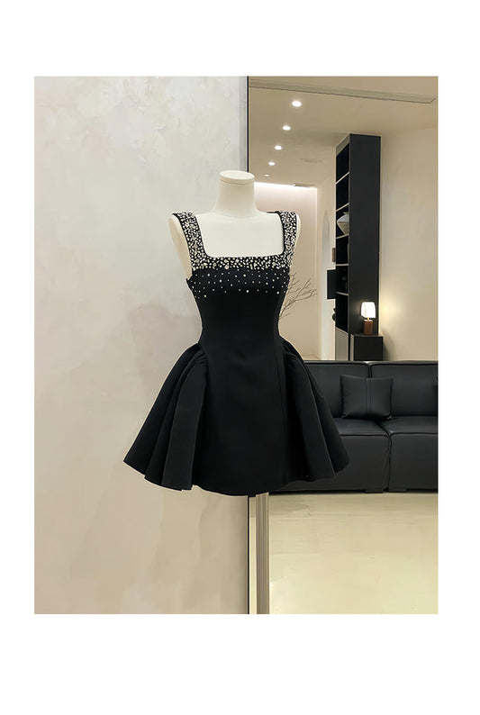 Cute A line Square Neck Black Party Dresses Short Formal Homecoming Dresses Night Chic Elegant Short Dresses Cocktail Dress 16th Birthday Outfits Hoco Dresses DH2756