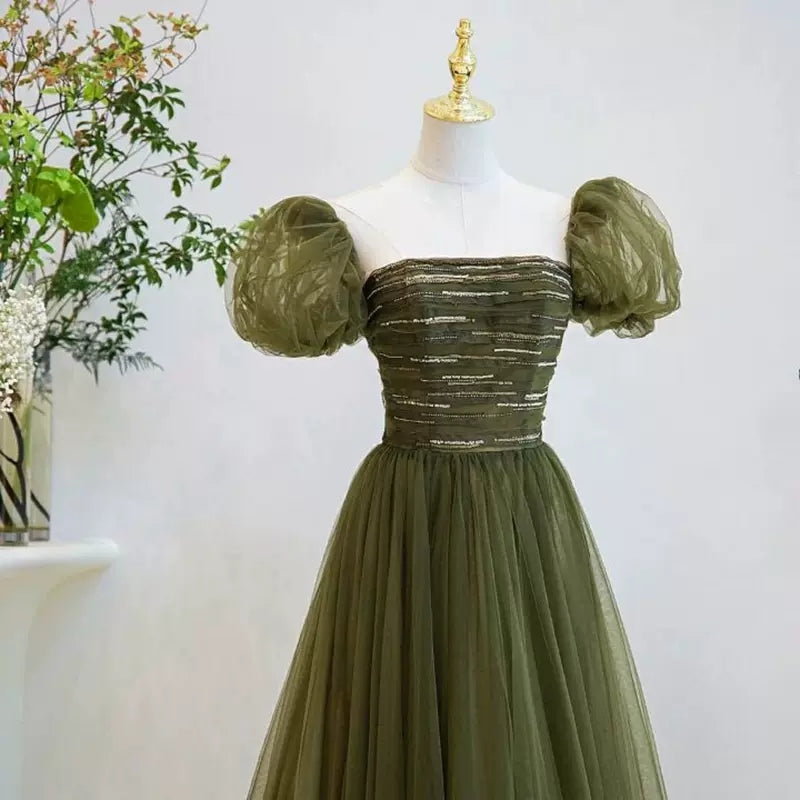Simple A line Green Long Prom Dresses SH225