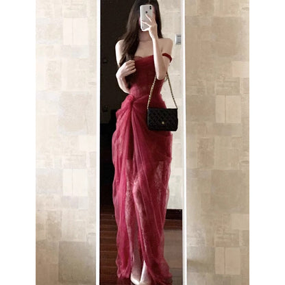 Vintage Sheath Off The Shoulder Lace Burgundy 22th Birthday Dress Party Dress Cute Evening Outfits DH2443