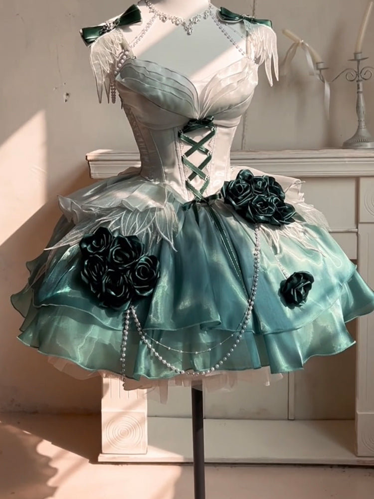 Vintage Ball Gown Spaghetti Straps Chiffon Green Summer 18th Birthday Dress Green Short Lolita Dress 18th Birthday Outfits DH2433