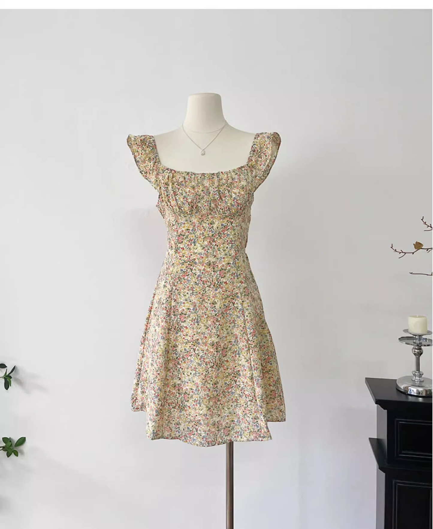 Light Yellow Floral Short Dress Vacation Dress S222