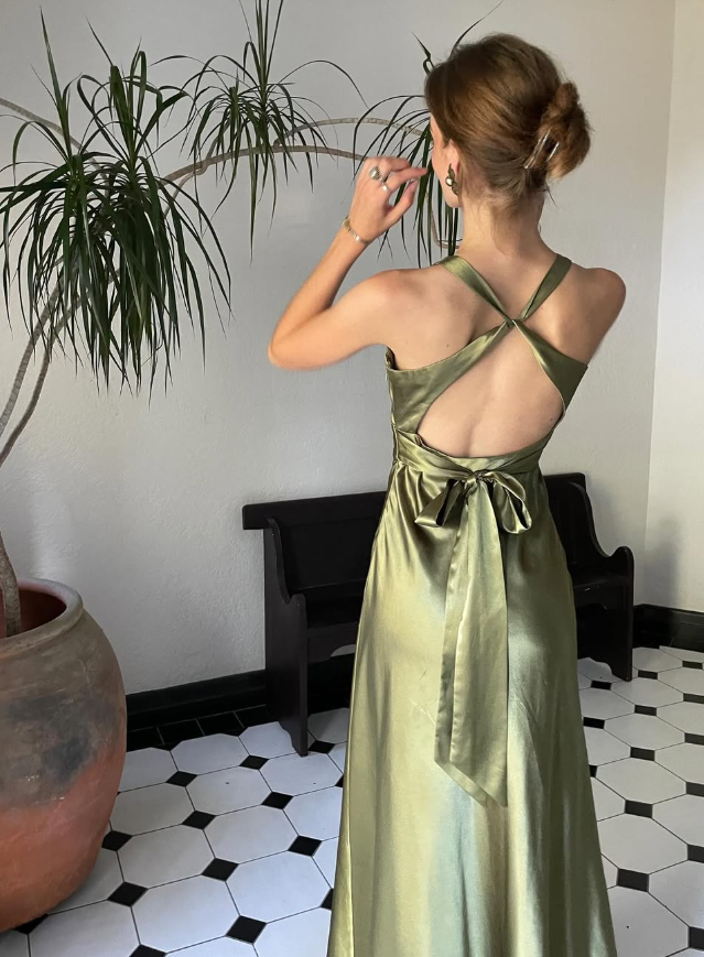 Green Sheath Halter Bow Satin Open Back Prom Dress Graduation Prom Dress SH2587