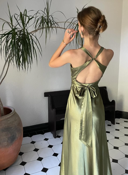 Green Sheath Halter Bow Satin Open Back Prom Dress Graduation Prom Dress SH2587