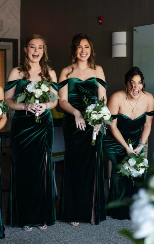 Charming Mermaid Off the Shoulder Green Velvet Long Party Dress Bridesmaid Dress with Slit SH2790