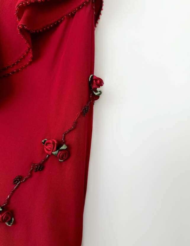 Vintage Burgundy Floral Beaded Ruffles Chiffon Prom Dress Evening Party Gowns SH3536