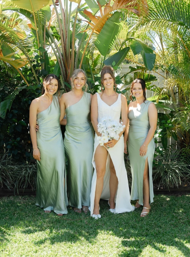 Pretty Sheath One Shoulder Green Satin Bridesmaid Dress Evening Dress with Slit SH3203