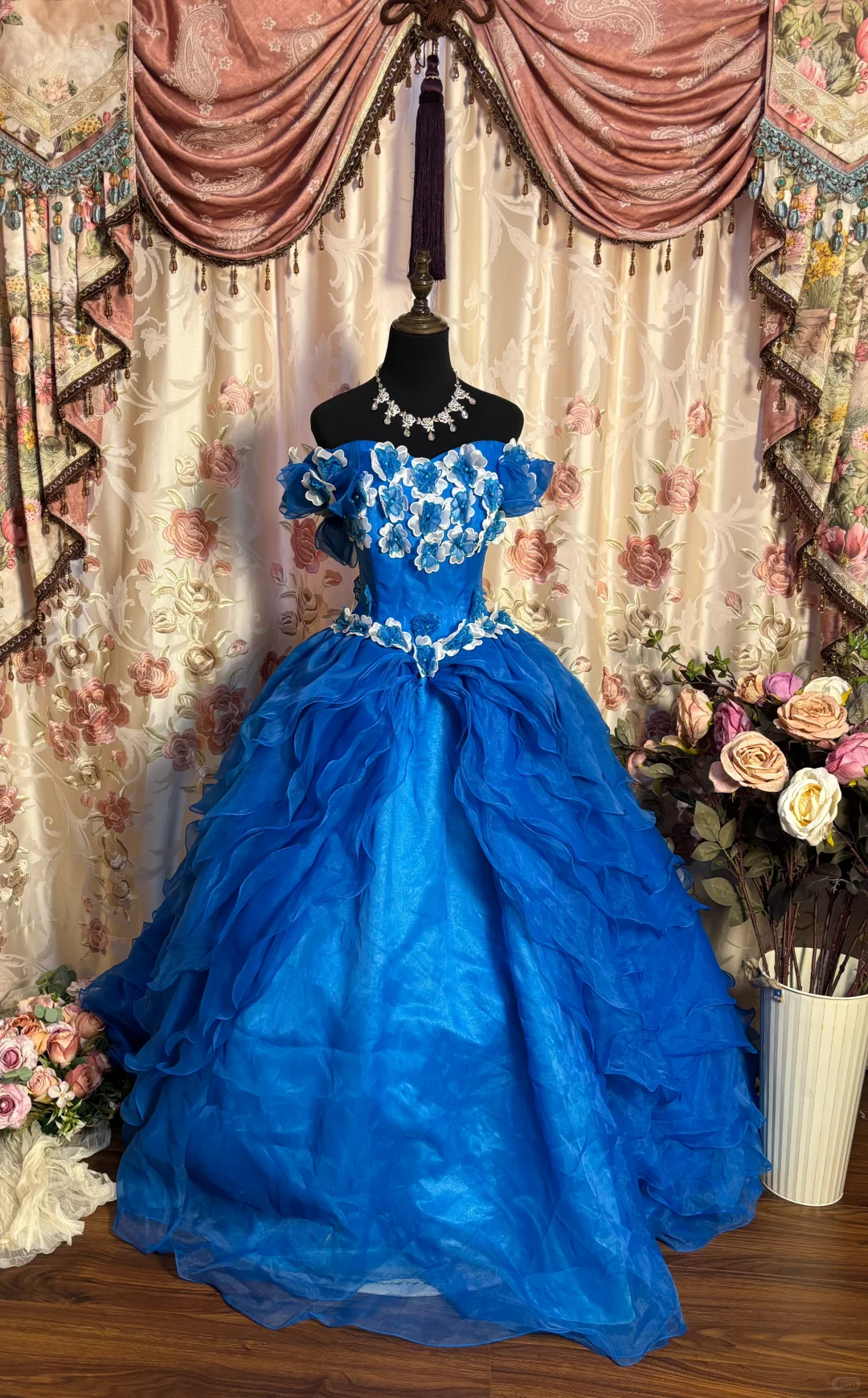 Royal Blue Ball Gown Off the Shoulder Floral Layered Organza Long Prom Dress Evening Dress SH3701