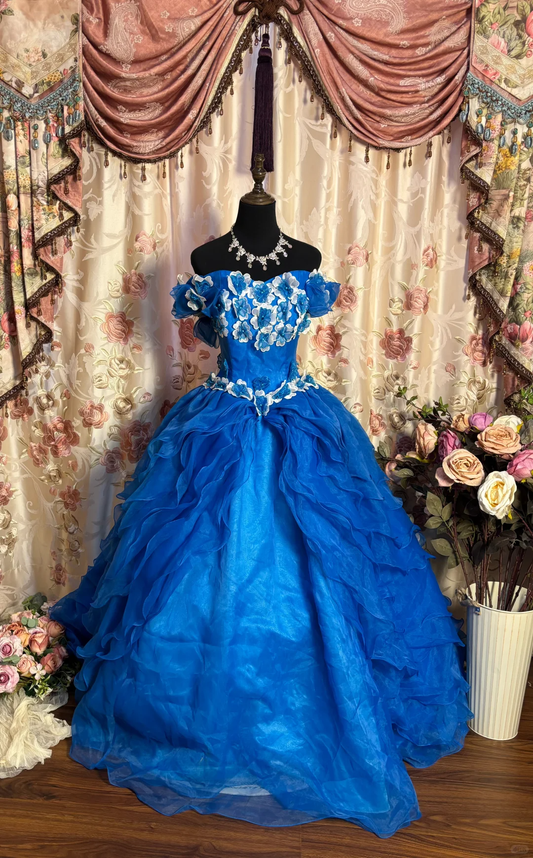 Royal Blue Ball Gown Off the Shoulder Floral Layered Organza Long Prom Dress Evening Dress SH3701