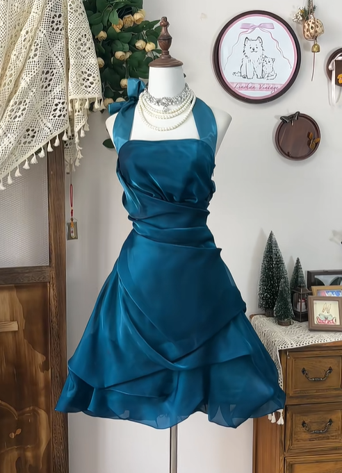 Unique Peacock Blue Halter A Line Homecoming Dress Cocktail Dress S334