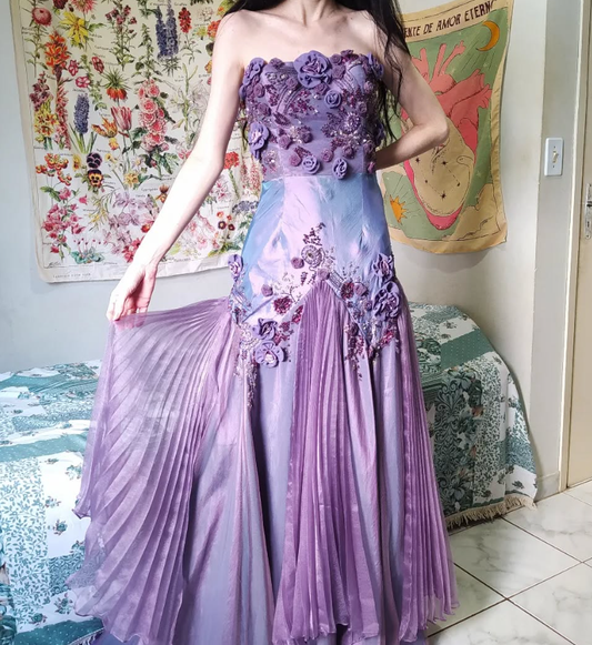 Vintage Purple A Line Strapless Flower Beaded Sequin Satin Tulle Prom Dress Gown SH2528