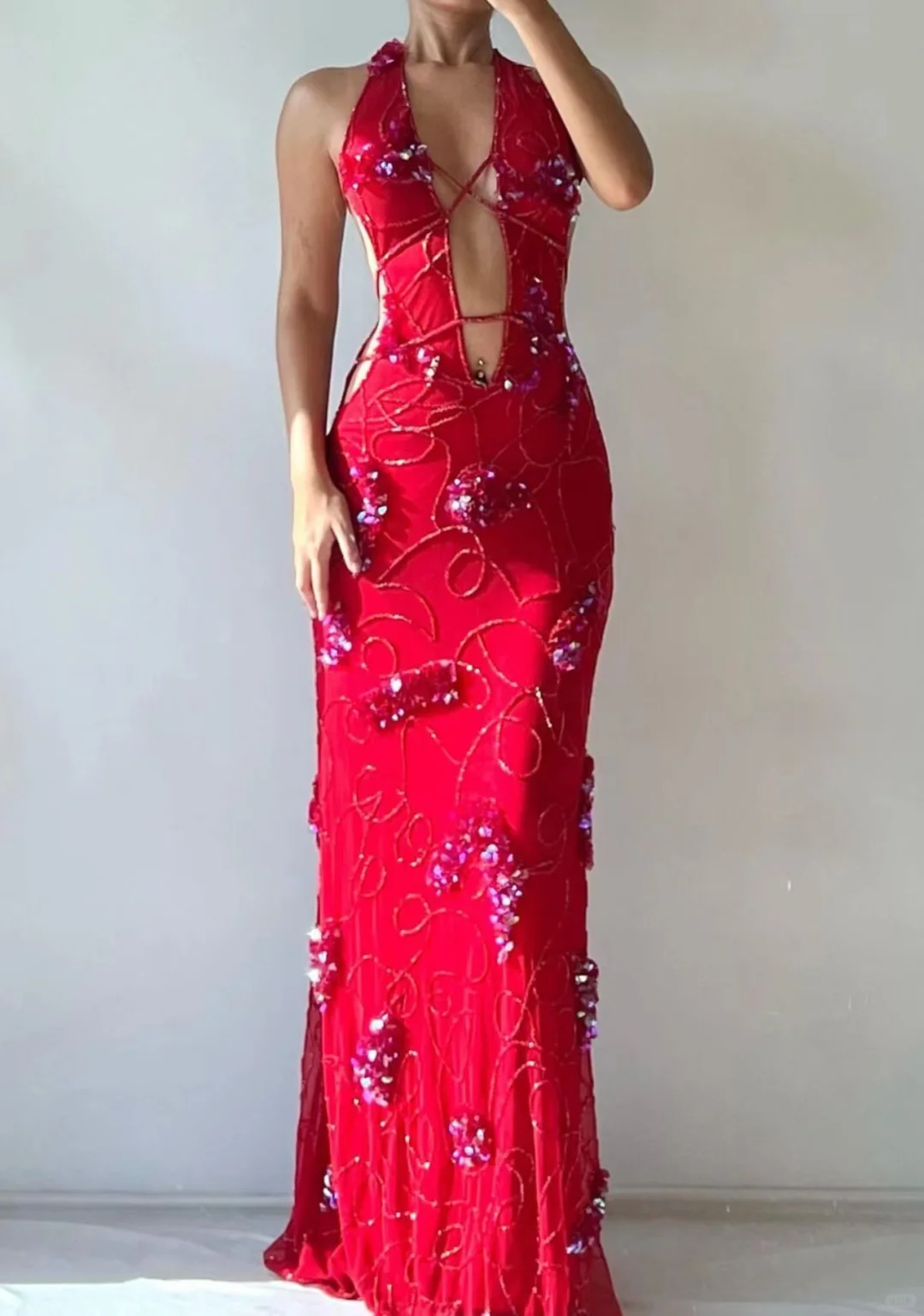 Vintage Sheath V Neck Beaded Sexy Red Chiffon Long Prom Dress Evening Dress SH3343