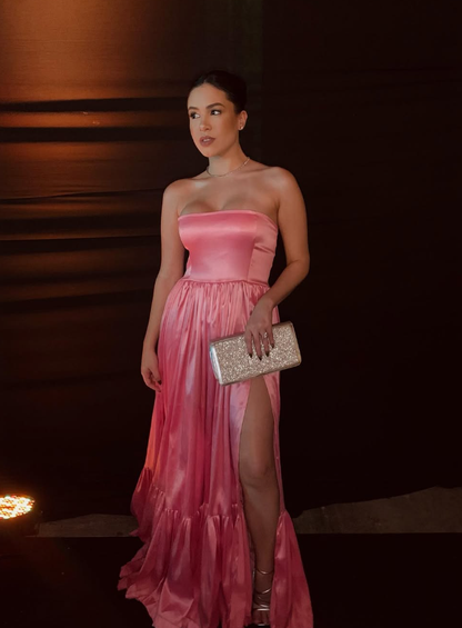 Classic Pink A-line Strapless Side Slit Long Party Prom Dresses SH650