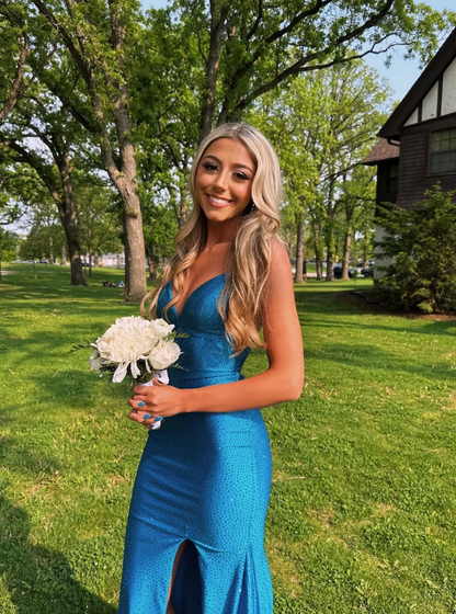 Blue Mermaid Spaghetti Straps Rhinestone Satin Long Prom Dress Evening Dress with Slit SH1977