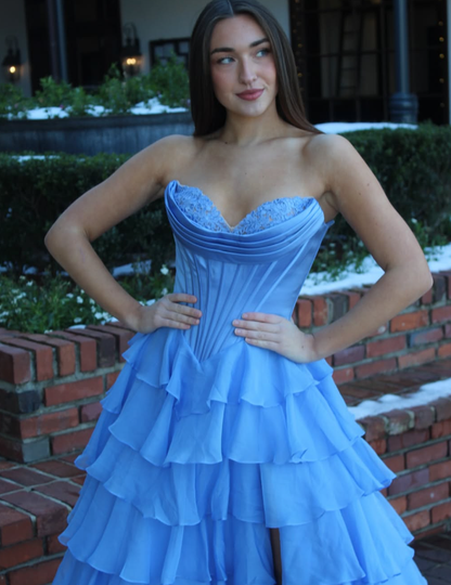 Unique A Line Sweetheart Neck Blue Lace Satin Chiffon Long Prom Dress Evening Dress SH2311