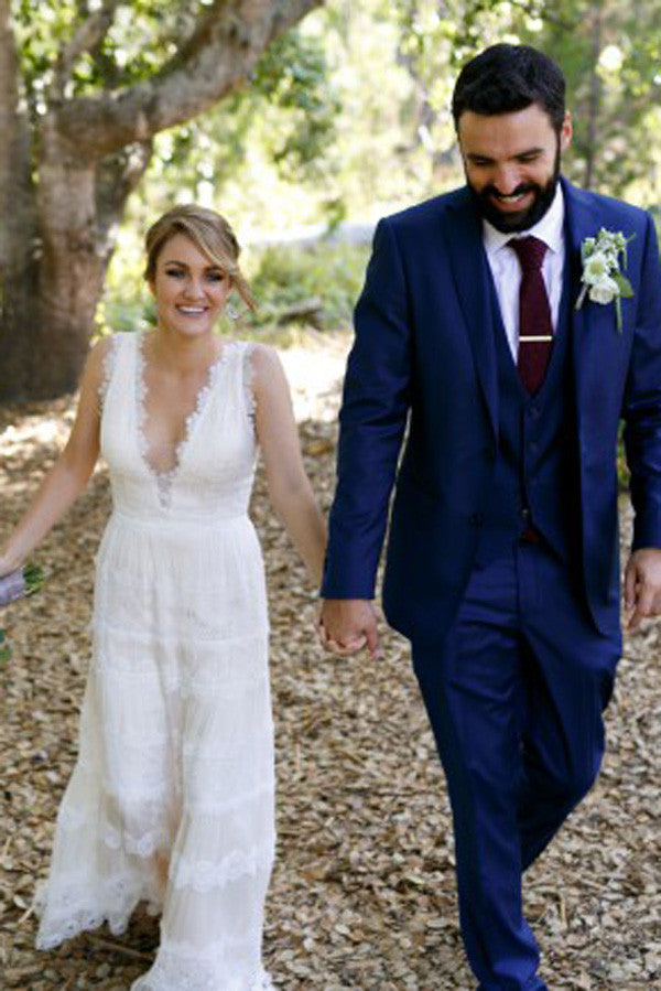 Beautiful V Neck Sheath Floor Length Lace V Back Beach Wedding Dresses