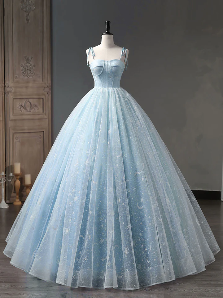 Star and Moon Fantasy Tulle A-Line Long Evening Dress, Blue Formal Sweet 16 Prom Dress Quinceanera Dress SH1063