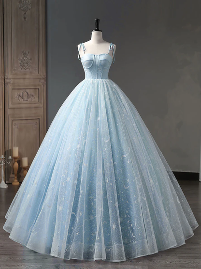 Star and Moon Fantasy Tulle A-Line Long Evening Dress, Blue Formal Sweet 16 Prom Dress Quinceanera Dress SH1063