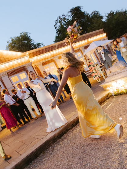 Simple Mermaid Halter Yellow Satin Open Back Bridesmaid Dress Evening Dress SH2796