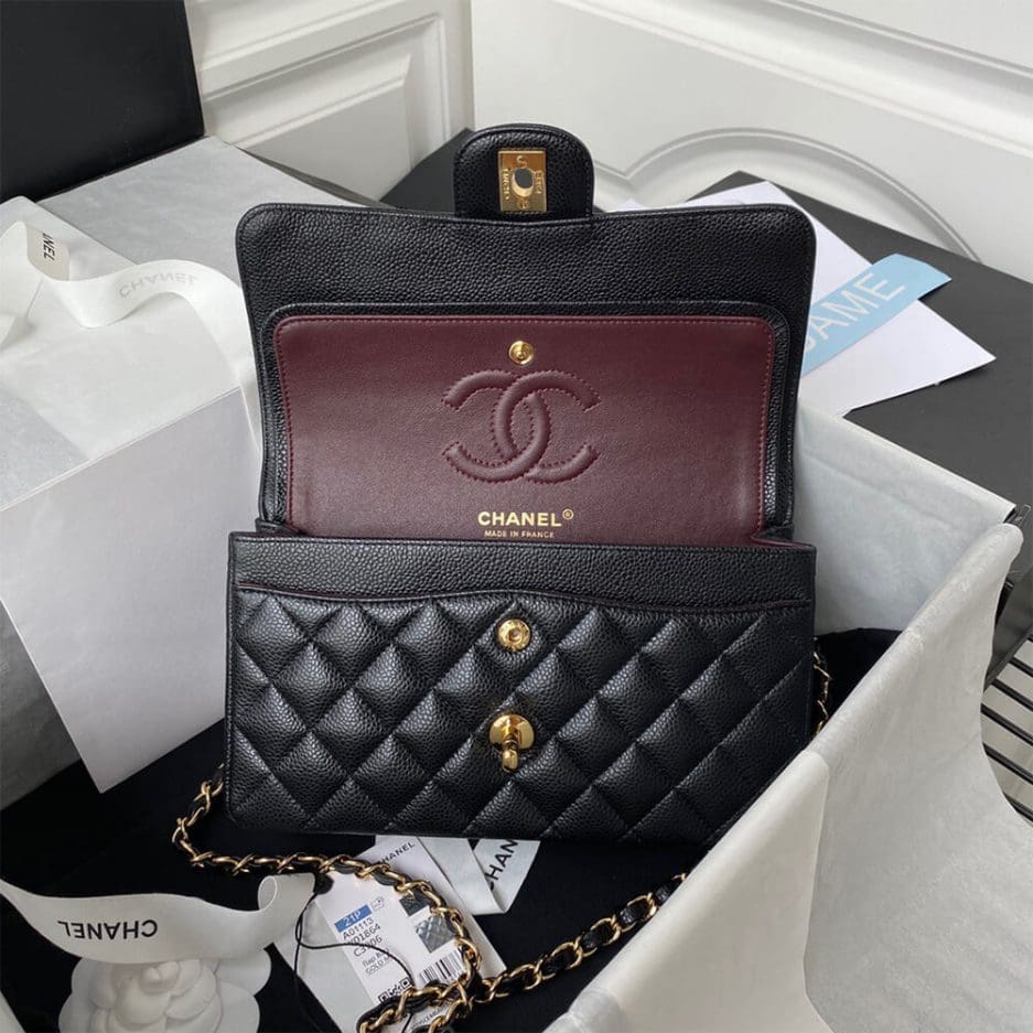 CHANEL SMALL CLASSIC HANDBAG Grained Calfskin & Gold Metal