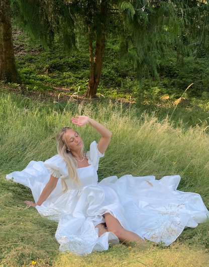 Cute A Line Puff Sleeves White Satin Long Prom Dress Birthday Dress with Slit SH2073